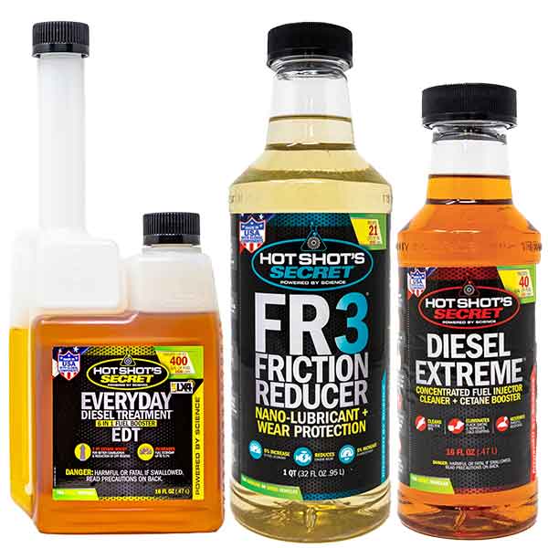 16-ounce twin-neck EDT bottle, 32 ounce FR3 bottle and 16-ounce Diesel Extreme bottle